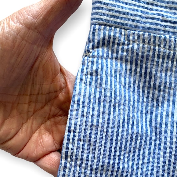 Chaps Seersucker High Waist Blue & White Pinstriped Long Flat Front Shorts - Picture 7 of 10